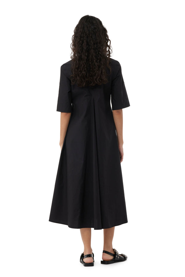 Cotton Poplin V-Neck Long Dress - Black