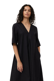 Cotton Poplin V-Neck Long Dress - Black